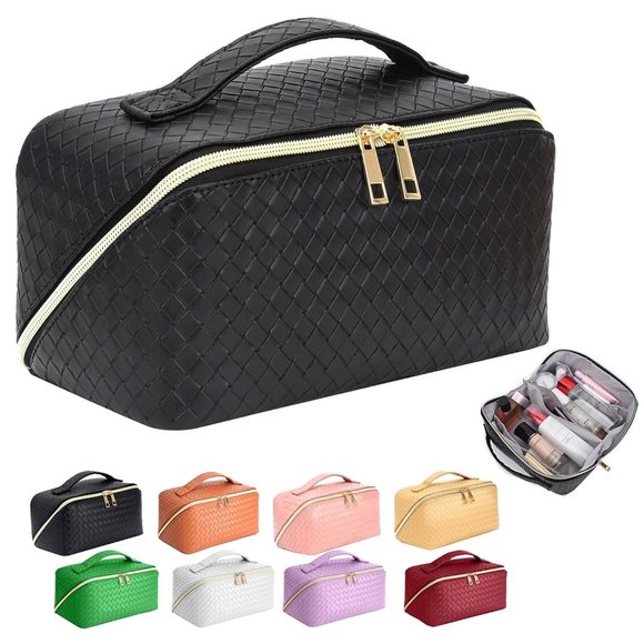 Women Large Portable Leather Waterproof Makeup Organizer with Handle Divider
